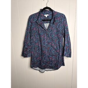 Charter Club Women's Printed V-Neck Top 3/4 Sleeve Blouse Modern Blue sz M M730